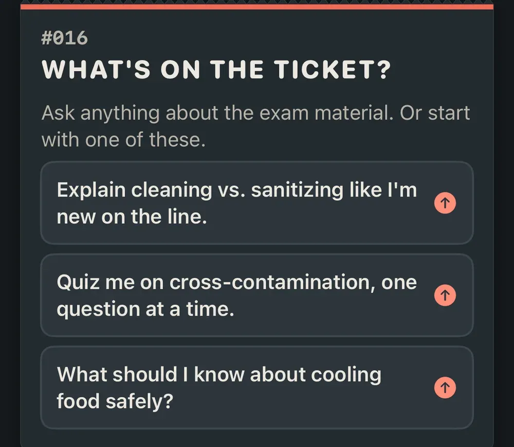 Ask Chef, the ServSafe AI tutor, with suggested questions about cleaning, cross-contamination and cooling