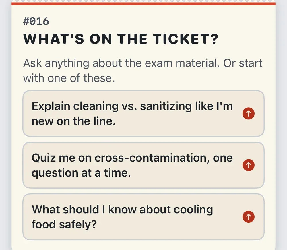 Ask Chef, the ServSafe AI tutor, with suggested questions about cleaning, cross-contamination and cooling
