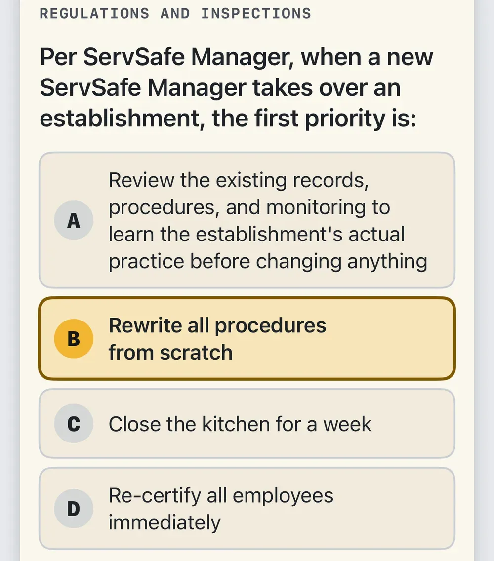 ServSafe exam simulator question with four answer choices