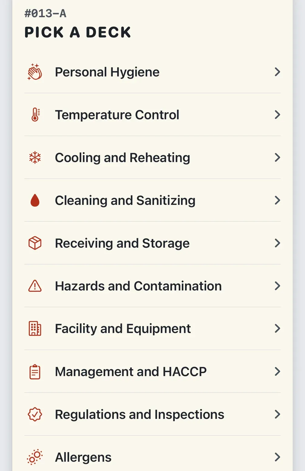 ServSafe flashcard decks, one per topic