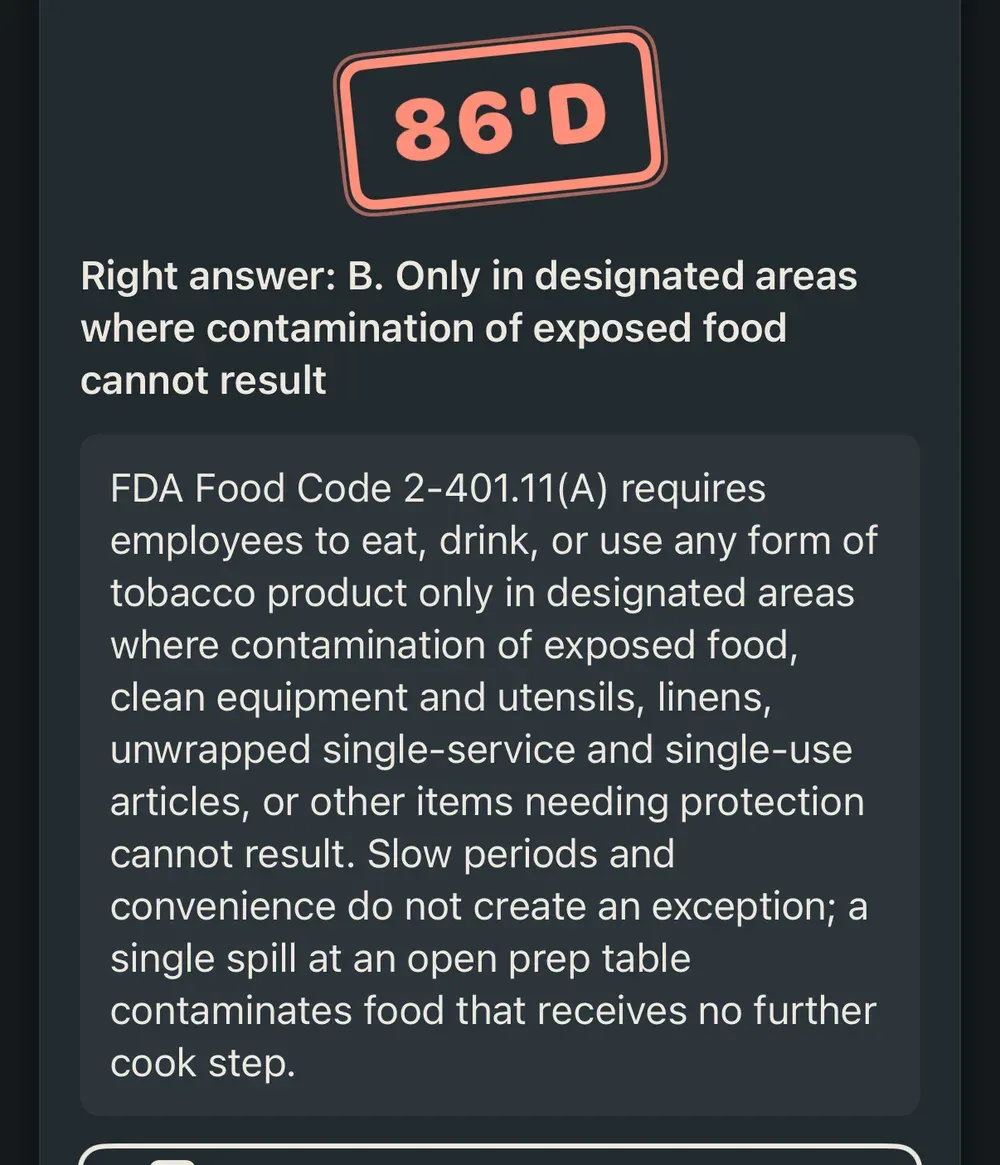 ServSafe practice question feedback with the chef's note