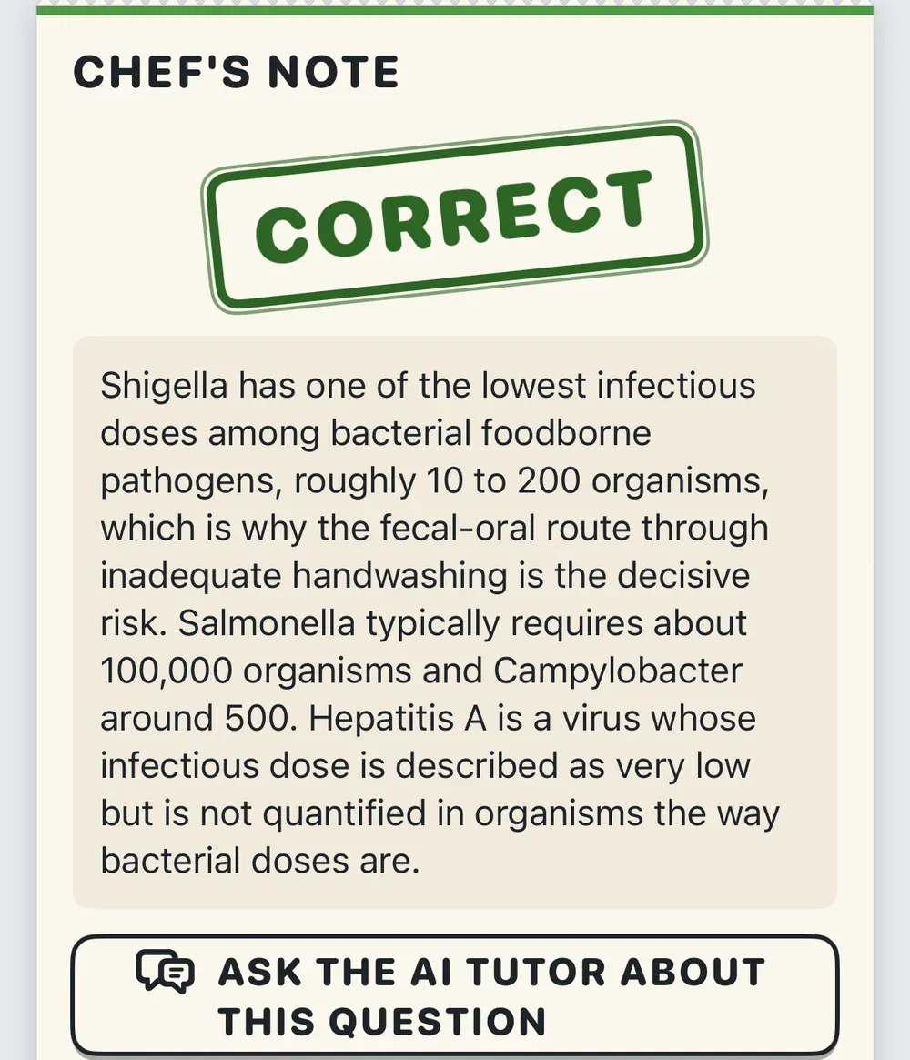 ServSafe practice question feedback with the chef's note