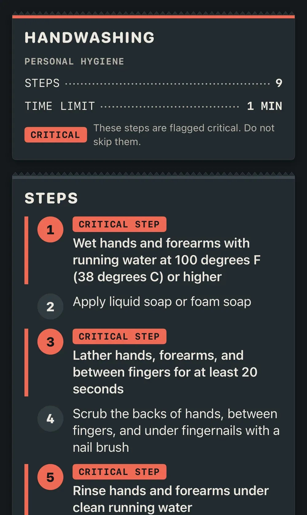 ServSafe Handwashing skill with critical steps flagged