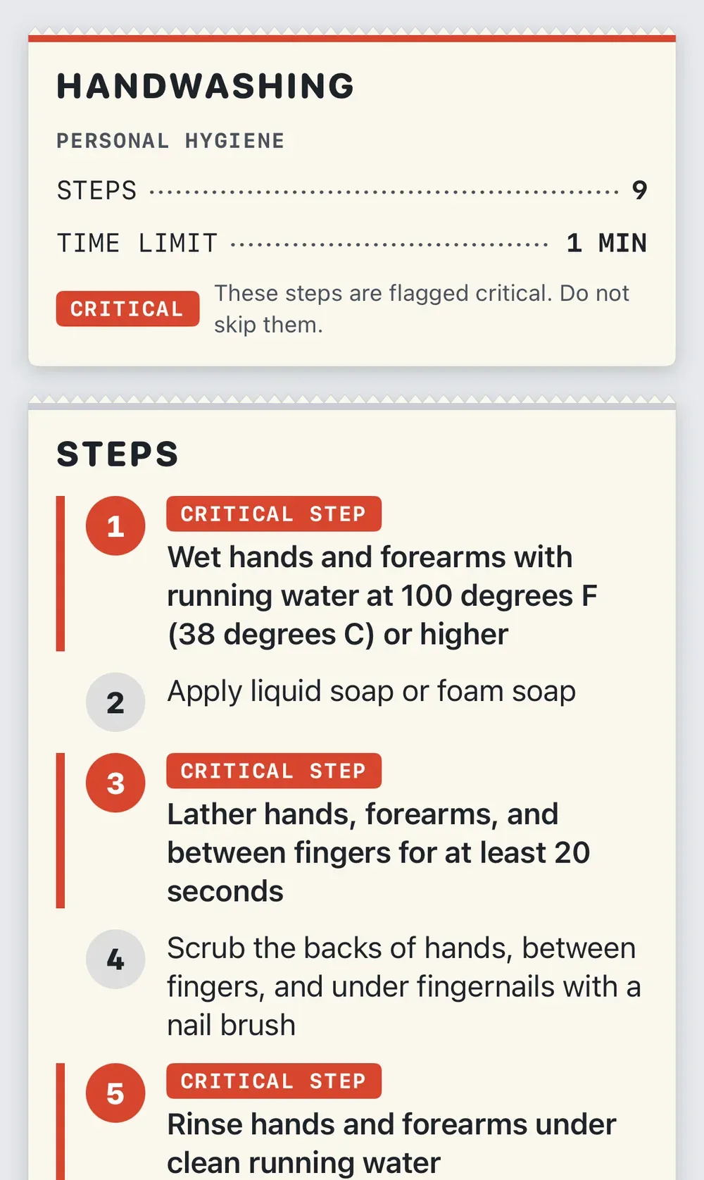 ServSafe Handwashing skill with critical steps flagged