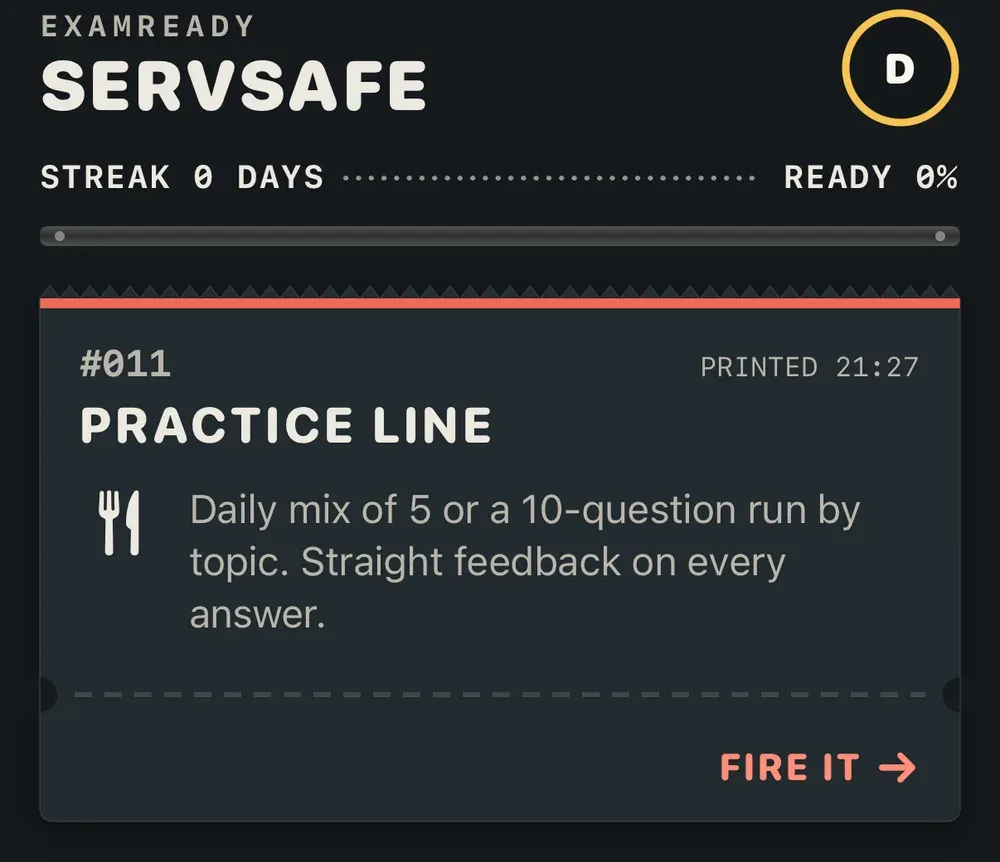ServSafe app home board with the Practice Line ticket