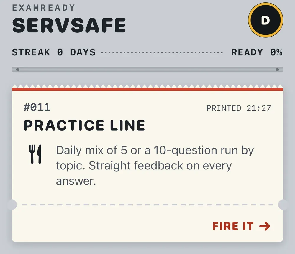 ServSafe app home board with the Practice Line ticket